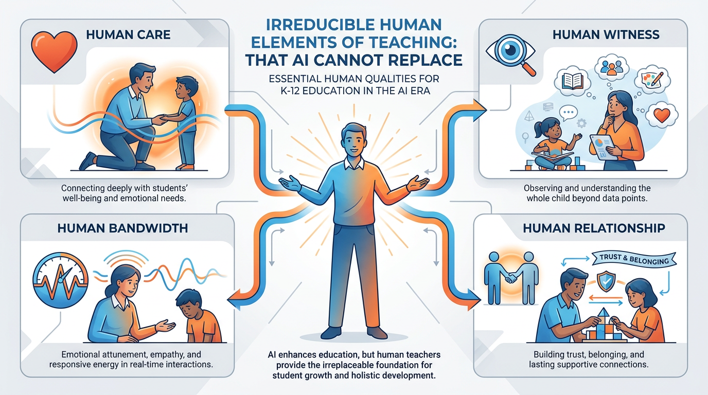 Diagram showing the four irreducible human elements of teaching that AI cannot replace: care, witness, relationship, and bandwidth